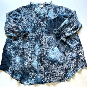 Ariat Women’s Blue Paisley Print  Sheer Ruffle Button Front Boho Western Blouse